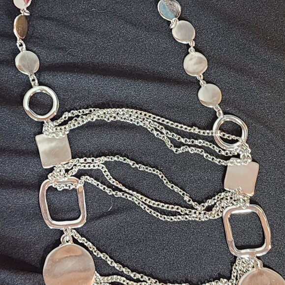 Chico's Vtg Sliver Tone Circle Square Chunky Layered Bib Statement 19" Necklace - Picture 13 of 16